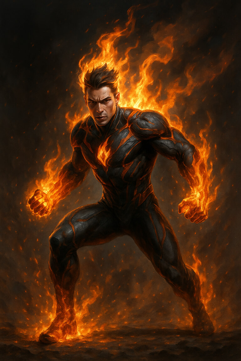 Superhero wreathed in flames, symbolizing powerful core principles