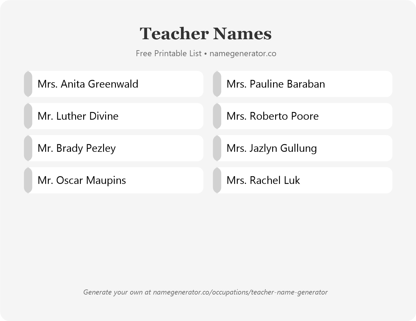 Teacher Names - Free Printable Name List