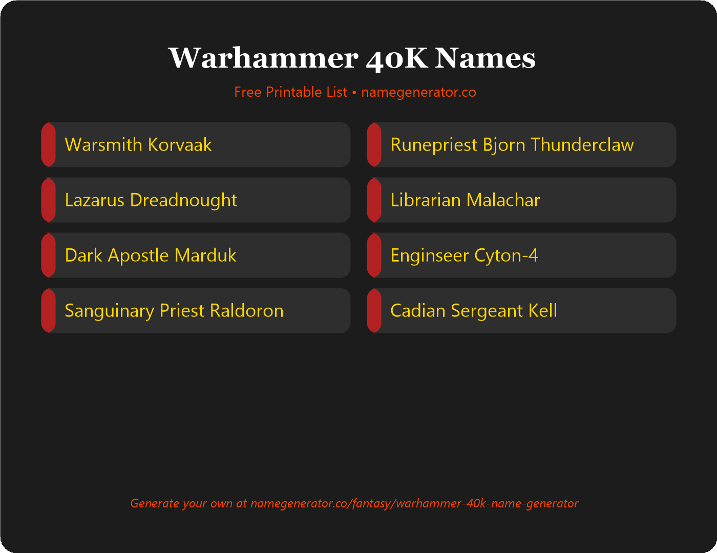 Warhammer 40K Names - Free Printable Name List